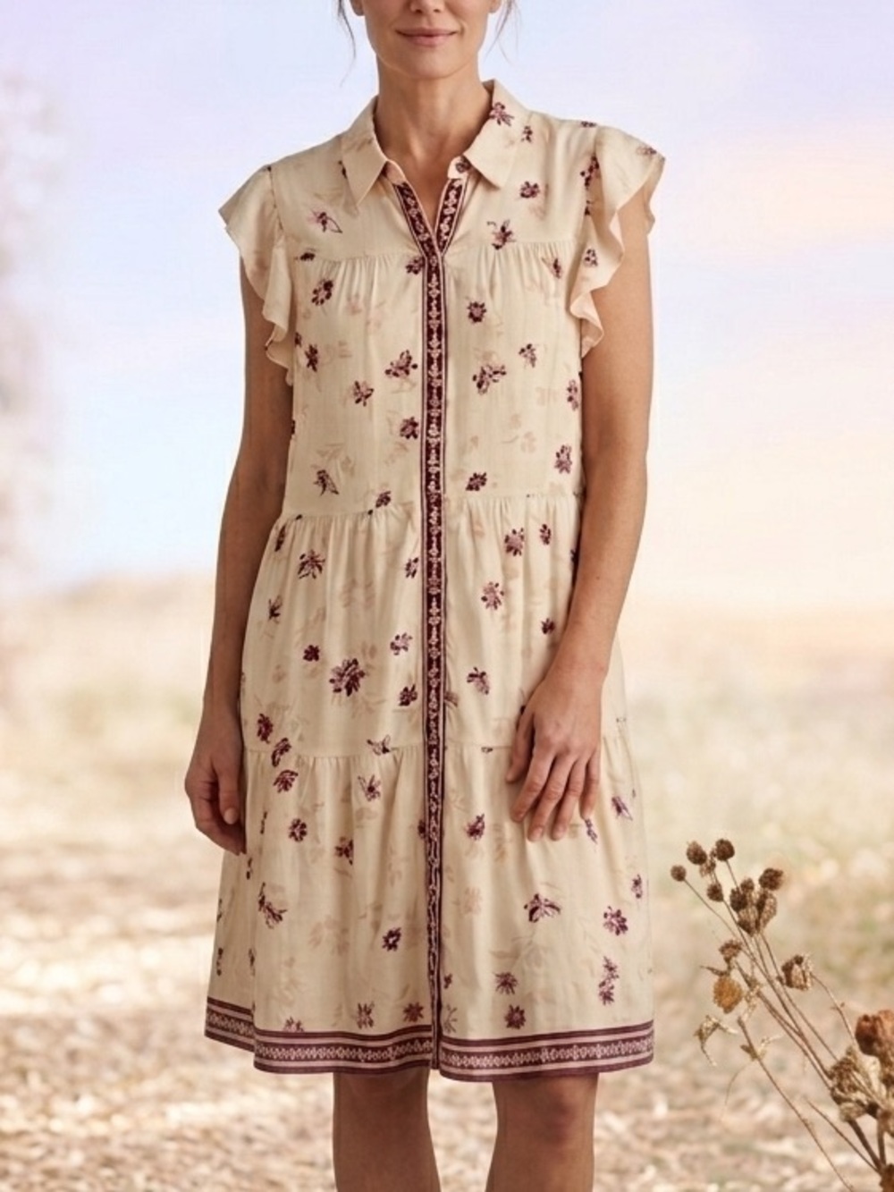 LUCKY BRAND Cream Flutter Sleeve Floral Dress, Boho Chic, Cottage, Prairie 🌻